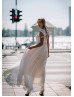 Cap Sleeves Ivory Lace Chiffon Blush Lining Airy Wedding Dress